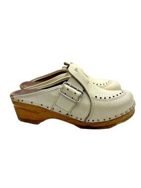 Vtg BASTAD-TOFFELN Swedish White Leather Monk Style Buckle Wooden Clog Sz 37/US7